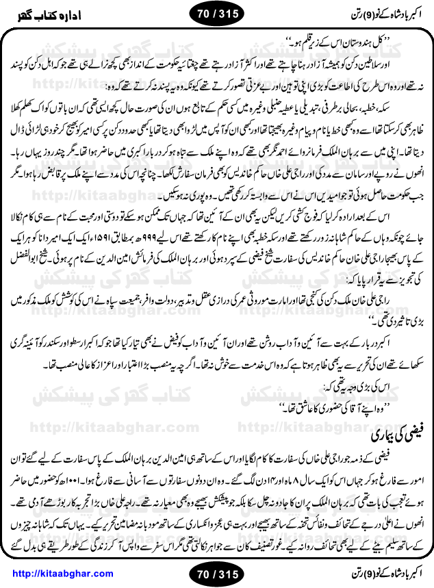 Akbar Badshah Ke No Ratan (Nine Gems of Royal Court of Akbar Emperor) is an extensive Research Work and Compilation by Ameer Ali Khan on the life of famous ministers, officials and advisors of Akbar The Great Royal Court. Akbar-e-Azam was the most popular Mughal Emperor India among people of all Religions and Sects. Even he was a Muslim Ruler, he gave powerful seats to non-muslims, ministerns, officials and state advisors. Three Hindu and Sikh Ministers were in his most important inner council. The book contains the life history and important events related to following ministers and officials of Akbar The Great Royal Court: Raja Birbal (Beer Bar), Raja Man Singh, Raja Todar Mal, Sheikh Abu-ul-Fazal, Sheikh Abul Faizi Fayyazi, Mirza Aziz Kokaltash, Sheikh Mubarak Ullah, Sheikh Abdul Qadir Badayuni, Mirza Abur Rahim Khan-e-Khanan, Munam Khan.

We are sure, kitaabghar.net readers will enjoy reading this interesting book about famous Navratan of Akbar-e-Azam (Nine Gems of Akbar Emperor Court