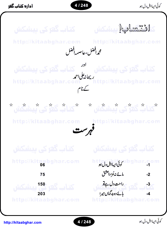 Koi Esa Ahl-e-Dil Ho is a collection of four Novels and Novelettes written by Nabeela Aziz, an emerging urdu writer who have some memorable heart touching stories on her credit. Koe Esa Ahle Dil Ho is one of her best stories. Maktoom Shah, the Lead Character of this Novel got so famous and Nabila Aziz is often recognized with reference to creator of this character. Following Novels are included in this collection book: Koe Esa Ahl-e-Dil Ho, Maye Na MurDa Ishq, Rahat-e-Dil Hay Tu, Haye Woh Bad Guman Mera.